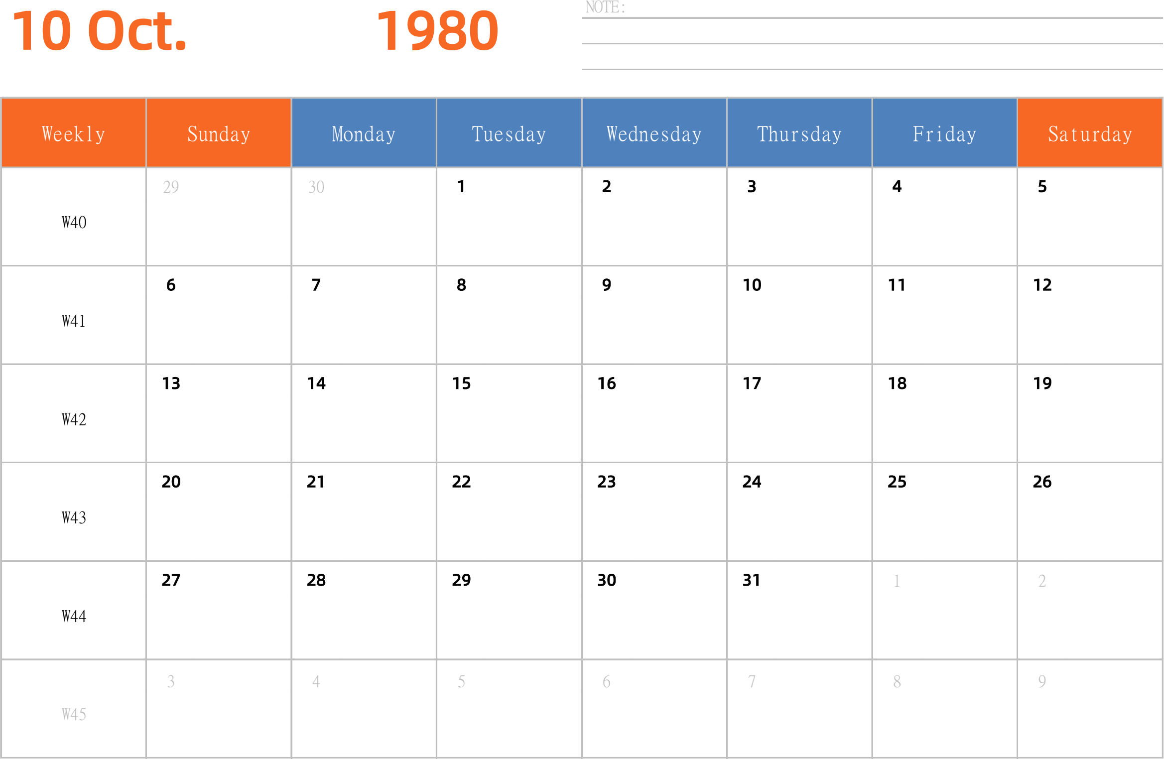 日历表1980年日历 英文版 横向排版 周日开始 带周数